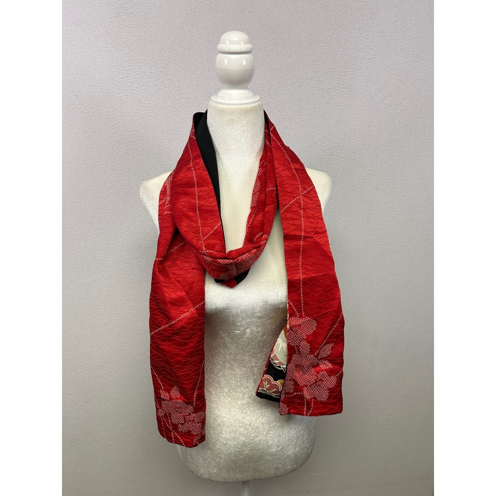 Japanese Traditional Womens OS Red Black Reversible Silk Kimono Scarf